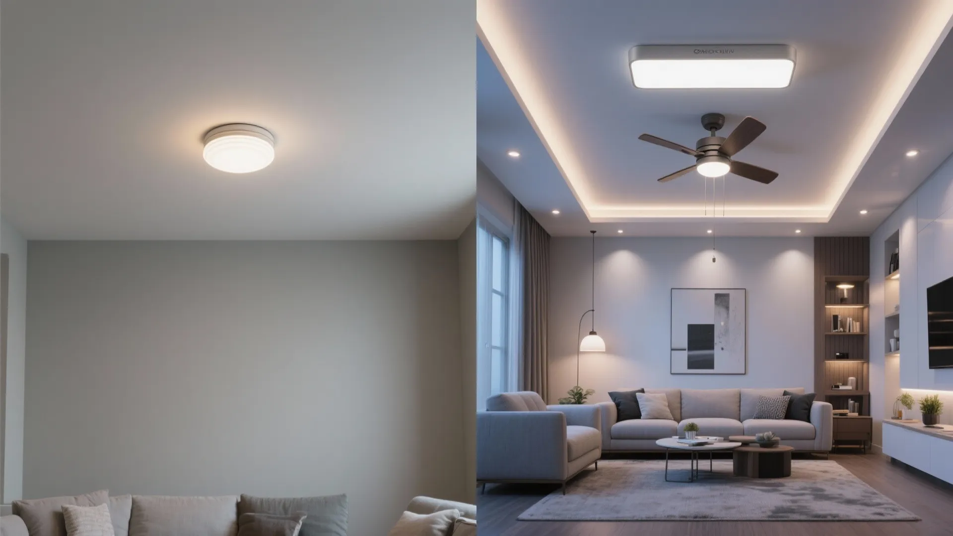 5) Integrated ceiling with fan, smart dimming, and accent layers