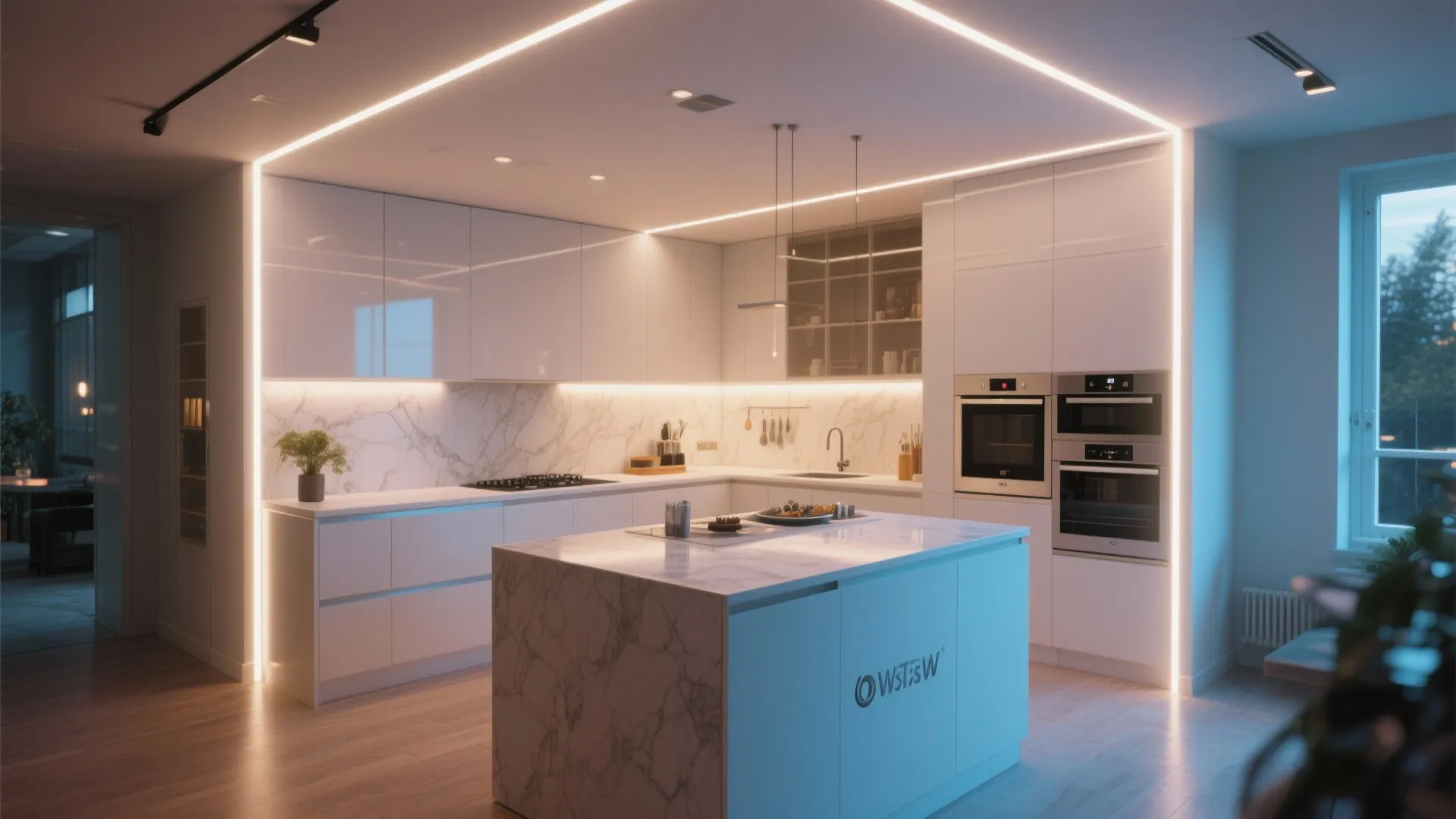Modern white kitchen with marble island integrated linear light fixtures warm glow and wood floor