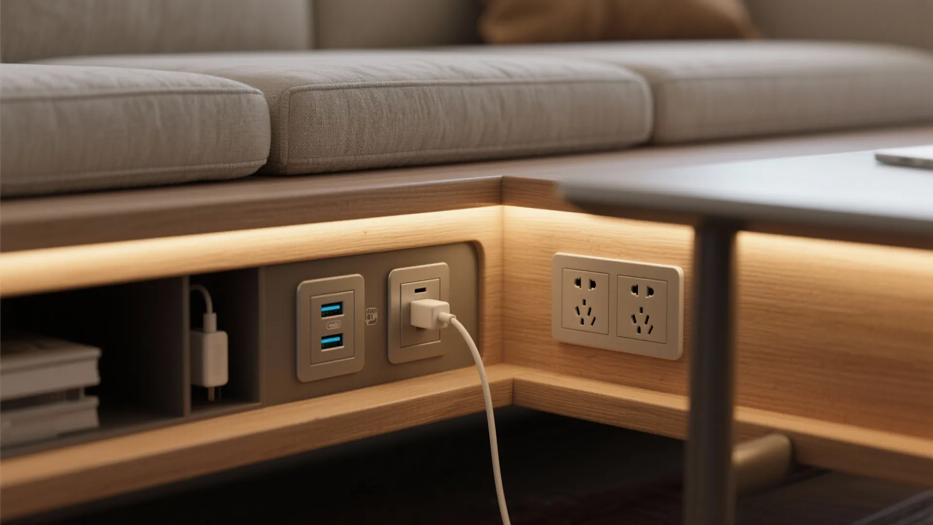 Close-up of recessed LED strip and built-in USB outlet in a narrow tabletop with cable channel access.