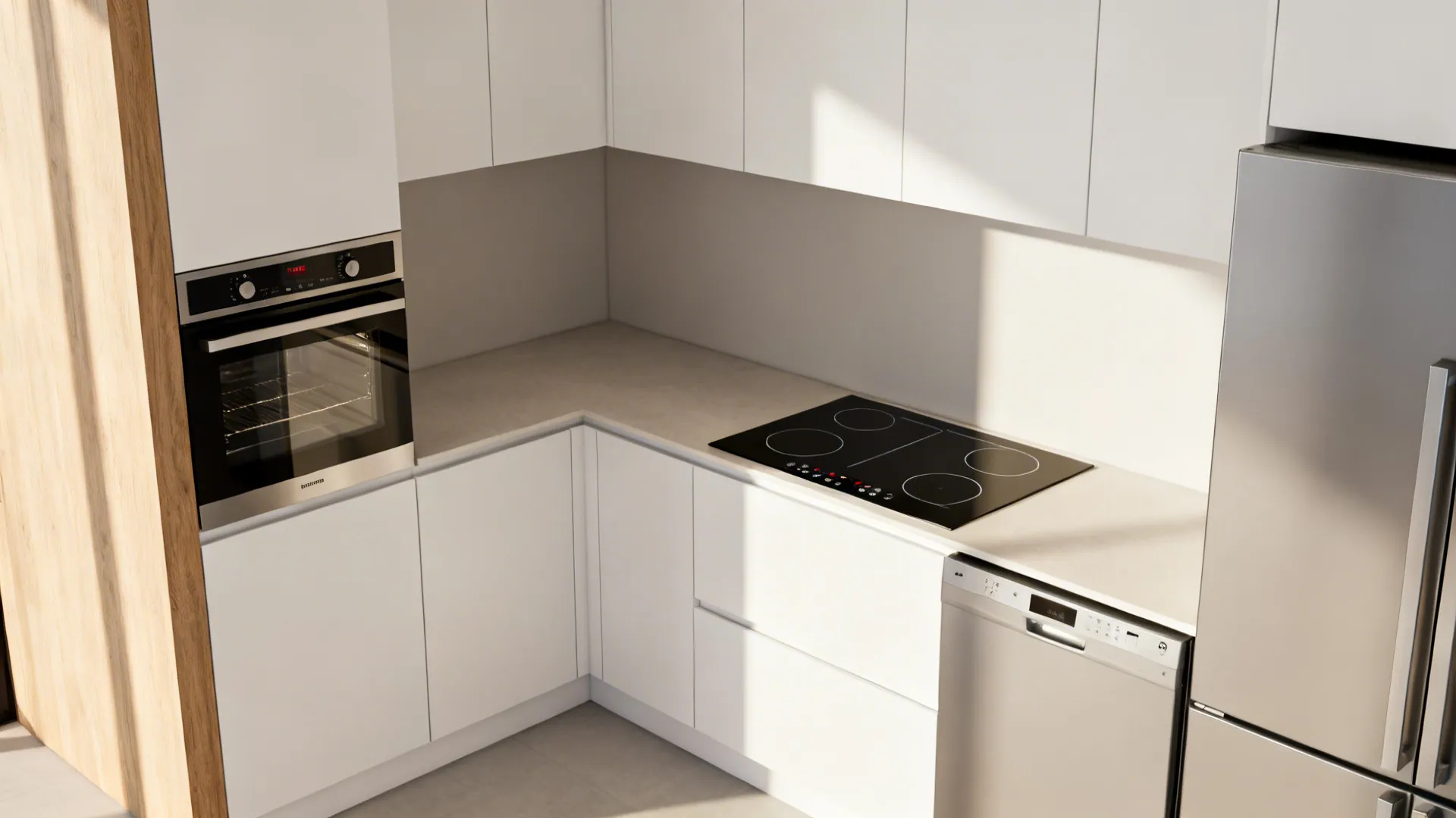 Compact integrated appliances in a minimalist kitchen with seamless fronts and an induction cooktop.
