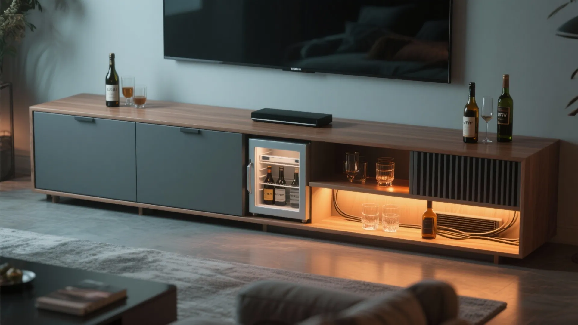 Low integrated console with built-in beverage fridge and illuminated display shelf in a living room setting.