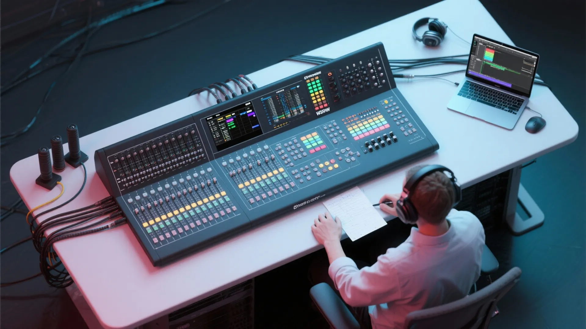 Large audio mixing console on a white desk with a laptop and headphones for sound production