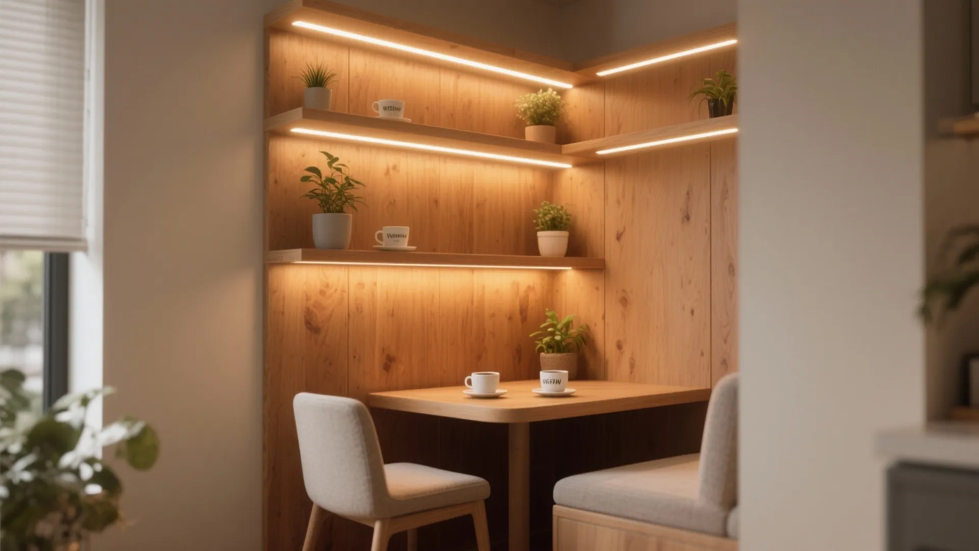 Open corner shelf with warm LED strips creating a cozy breakfast nook display