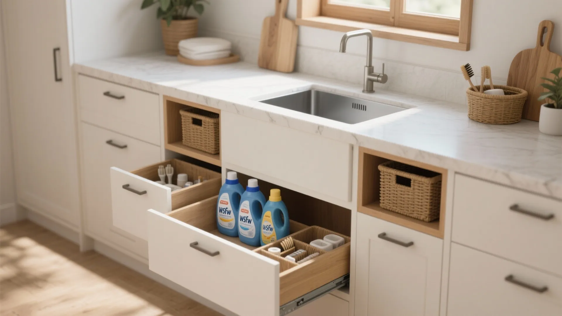 Modern white kitchen laundry cabinet with open drawers storage bottles baskets sink and wooden floor