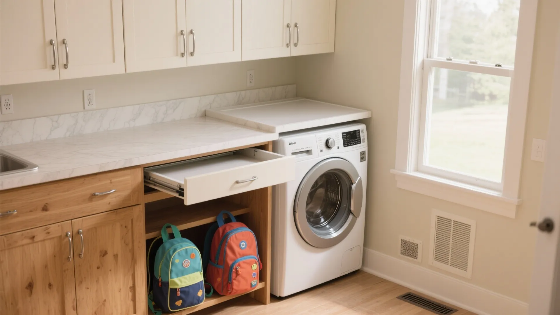 Stacked washer dryer with a shallow removable folding countertop and closed cupboards above.