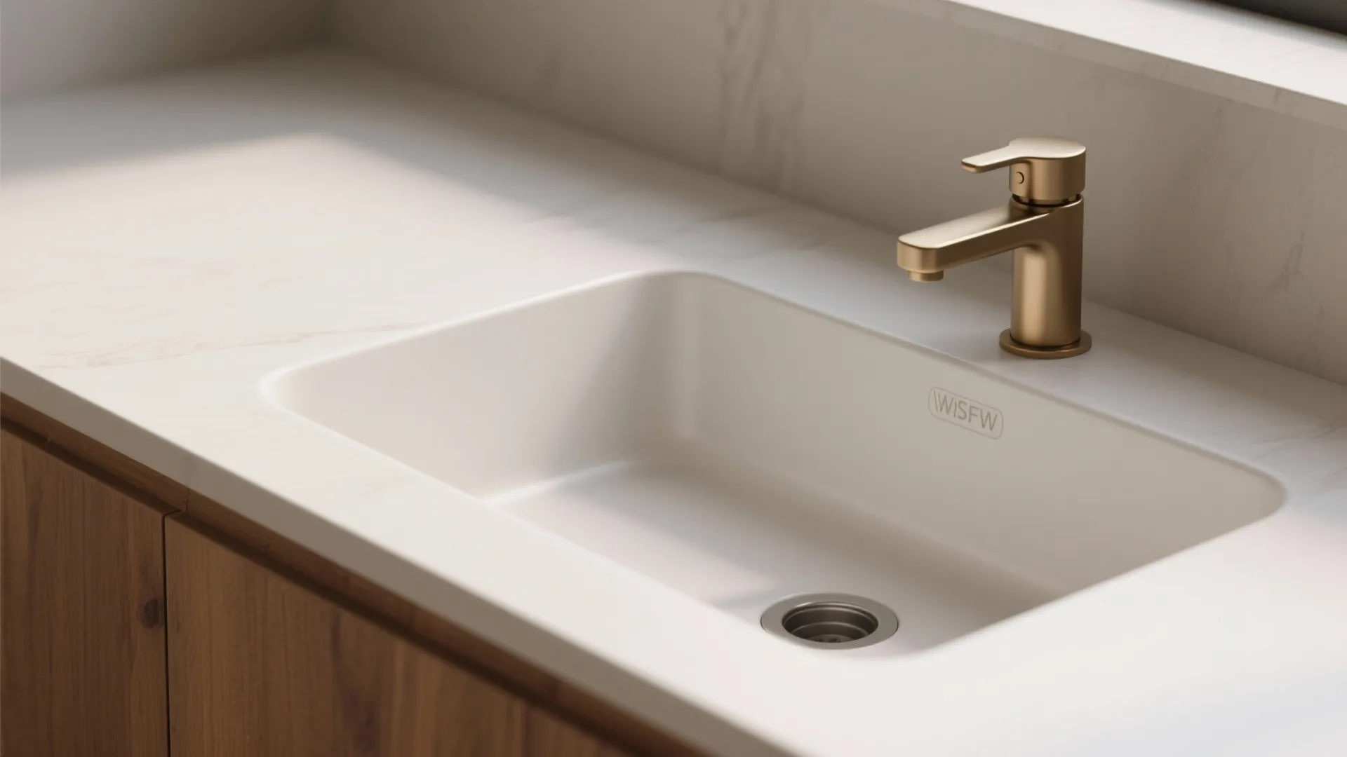 Modern white bathroom sink with a gold water tap on a marble countertop and cabinet