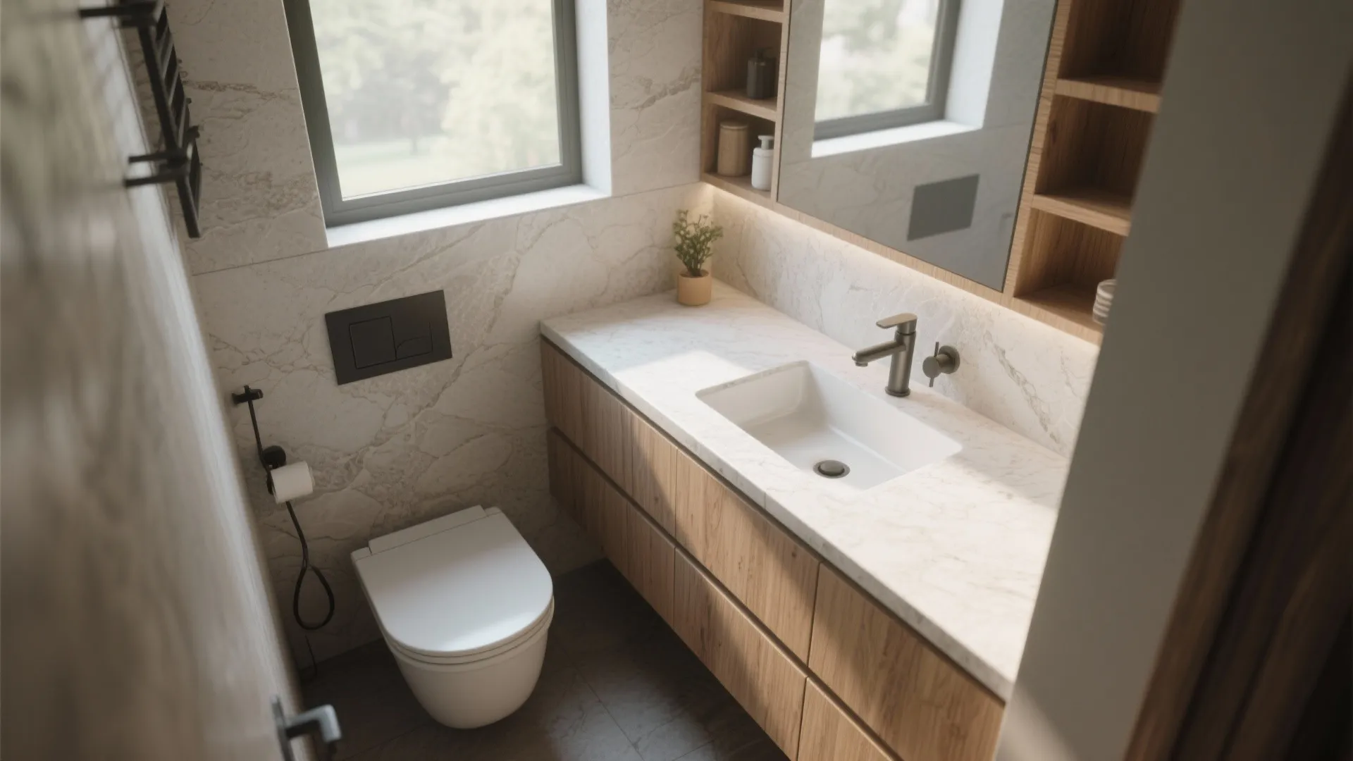 Modern small bathroom with white sink marble counter wood cabinet toilet stone wall and light