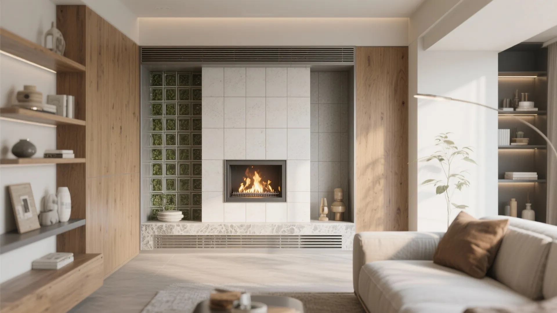 Modern living room with fireplace wooden wall panel bookshelves and a comfortable beige sofa sunlight