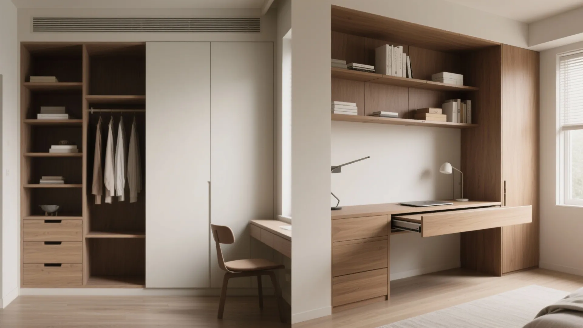 Before-and-after of a closet converted into an integrated storage and pull-out desk with shelving and tidy organization