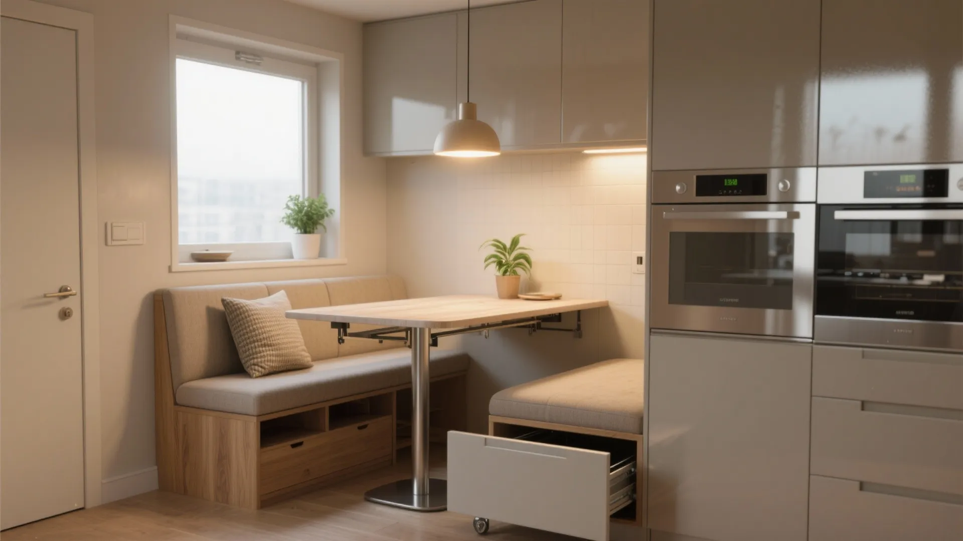 Modern small dining area with wooden table bench seating built in cabinets and warm ceiling light