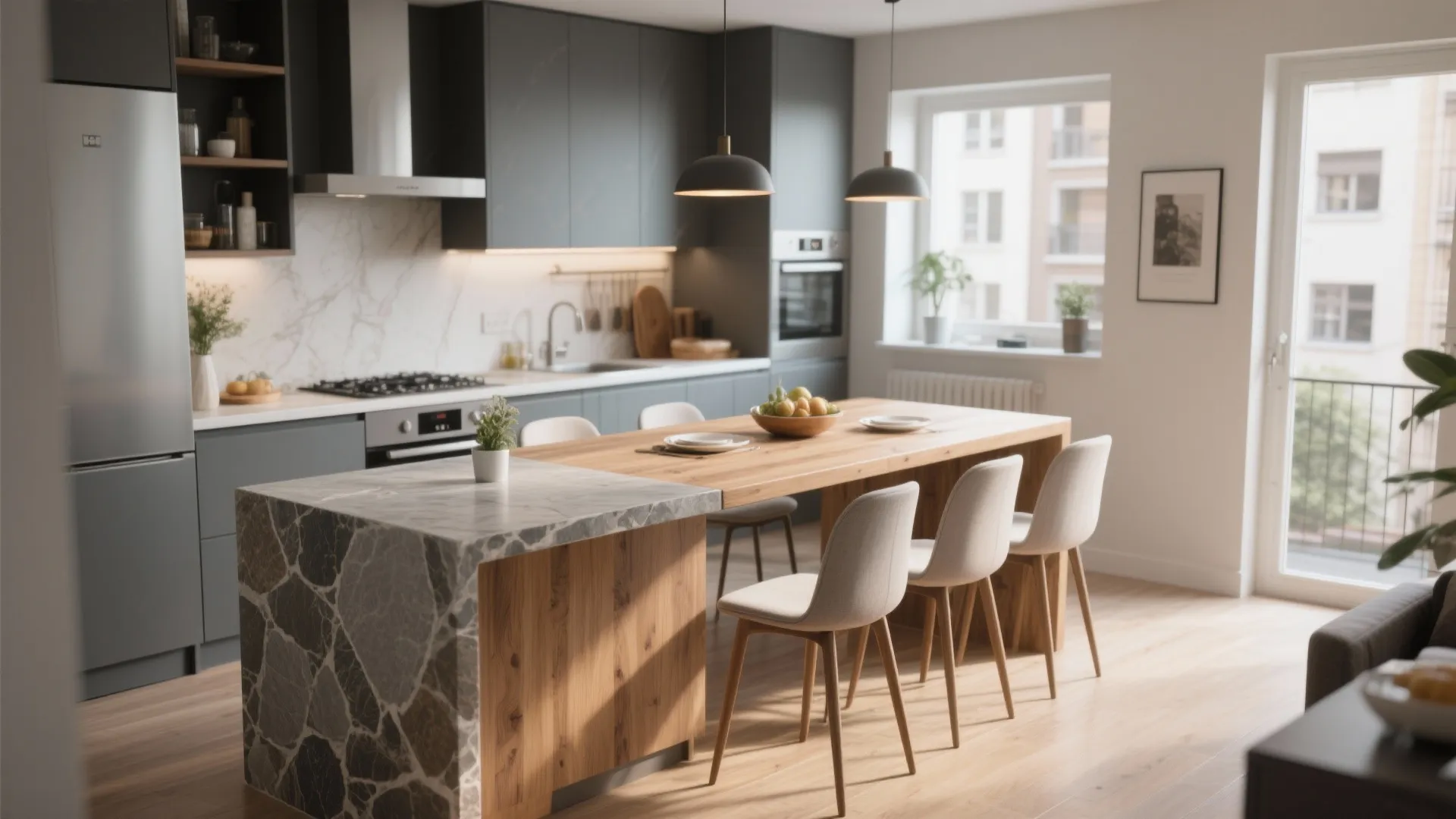 Modern kitchen with a long wooden dining table attached to a grey stone kitchen island