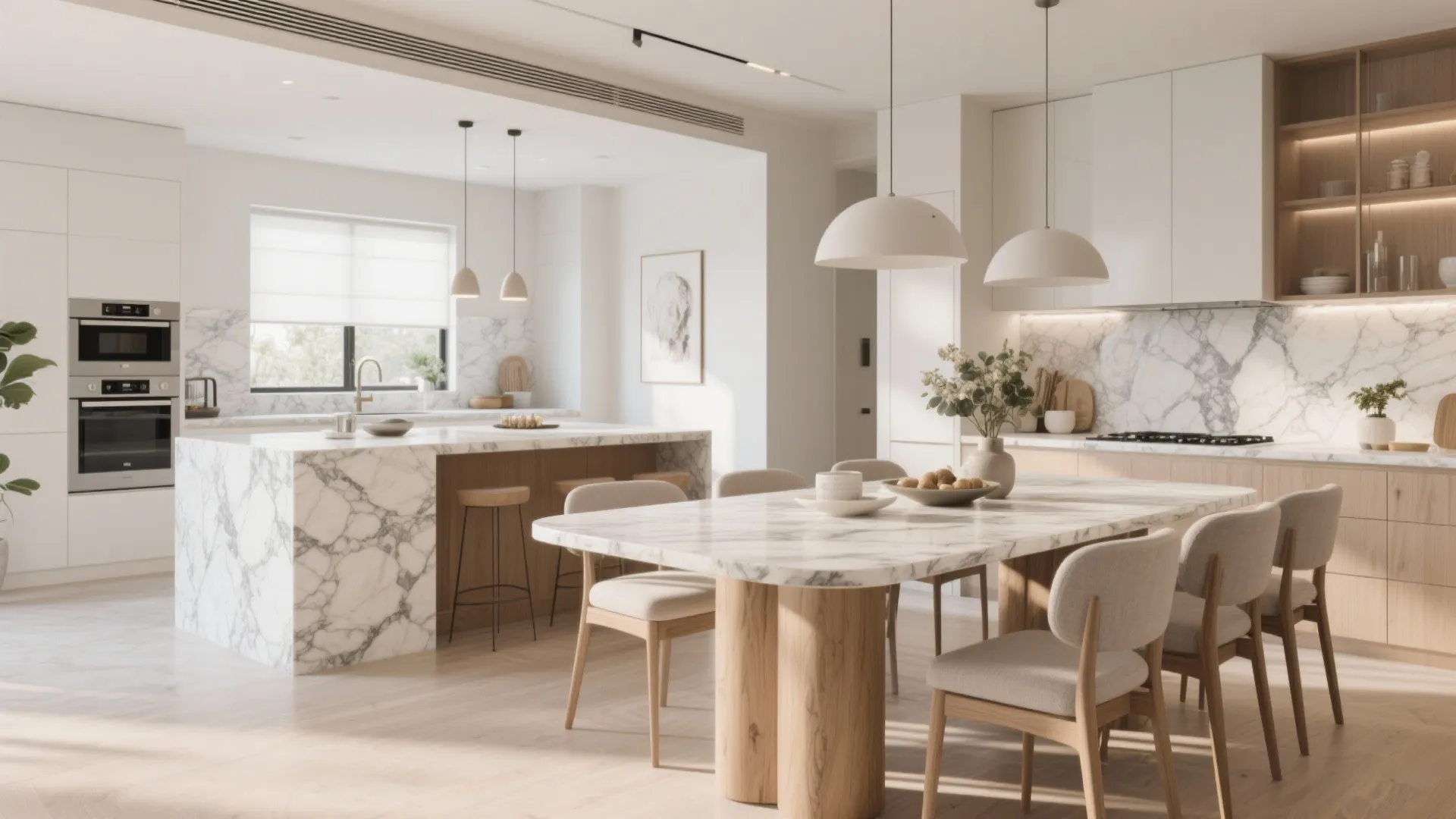 Modern open kitchen with marble dining table white ceiling lights wooden cabinets and marble island