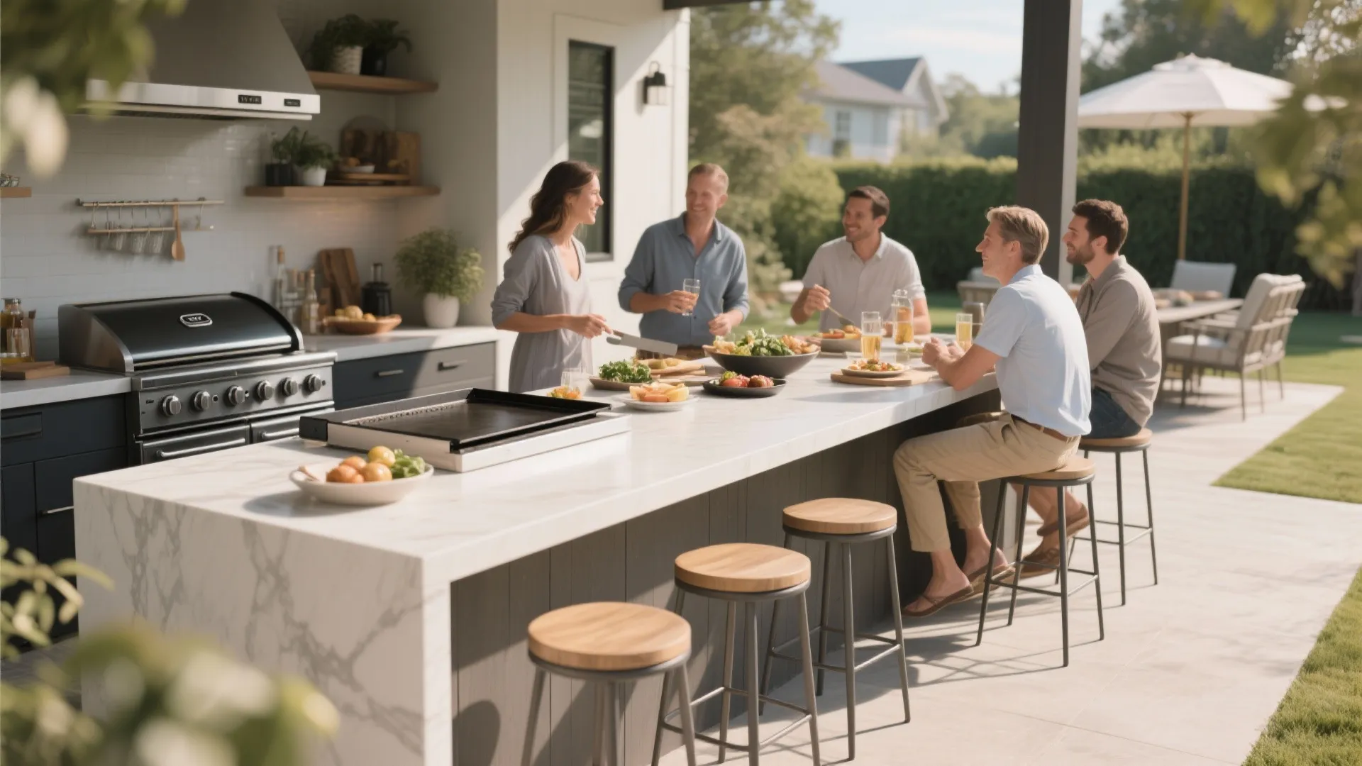 Modern outdoor kitchen area with people sitting at a marble island bar with wooden stools
