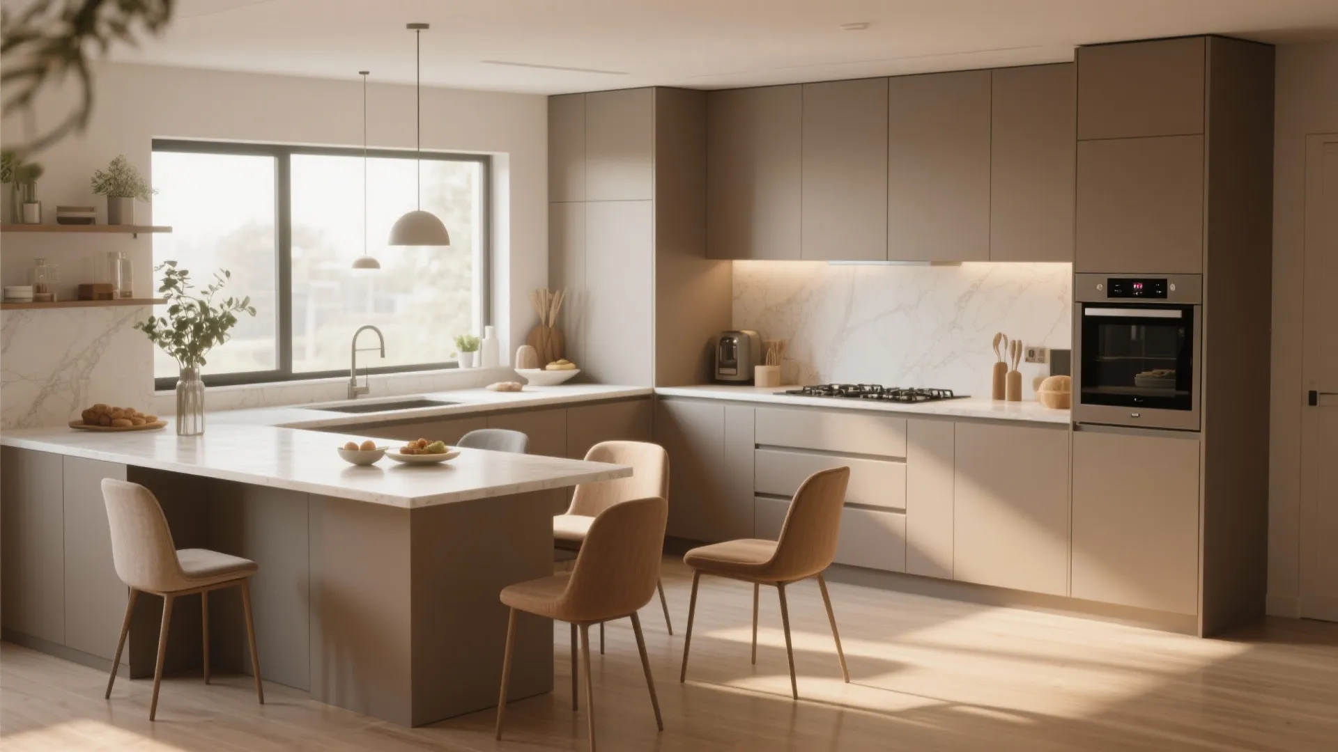 L-shaped kitchen with an integrated dining table extension