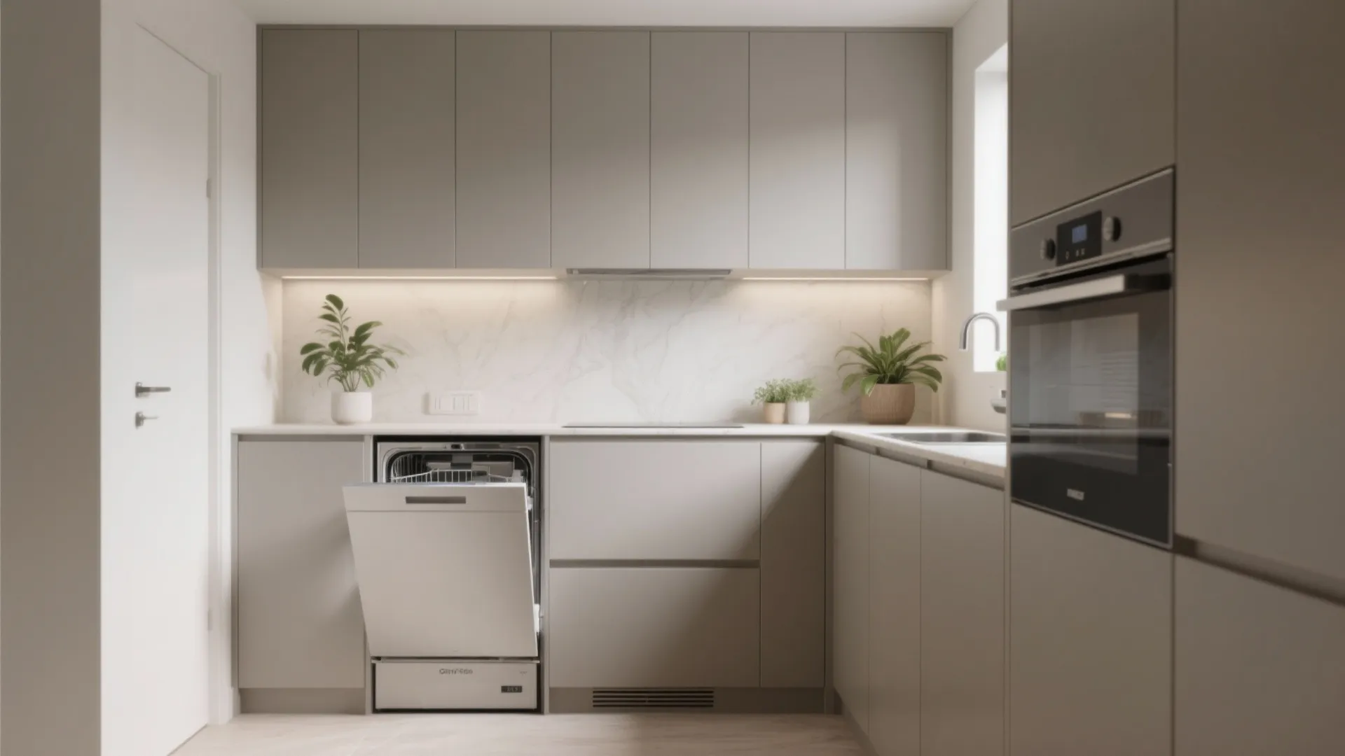 Minimalist grey kitchen with an open integrated dishwasher under a marble backsplash and wall cabinets