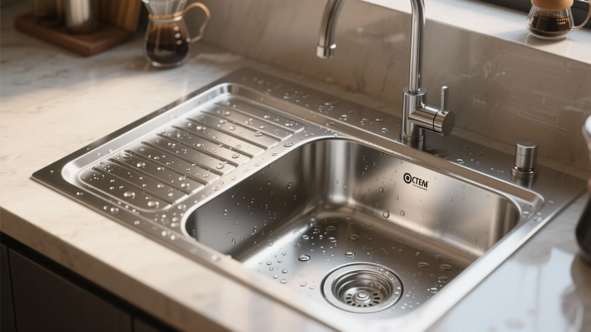 Stainless steel kitchen sink with an integrated drying board and a modern metal water faucet
