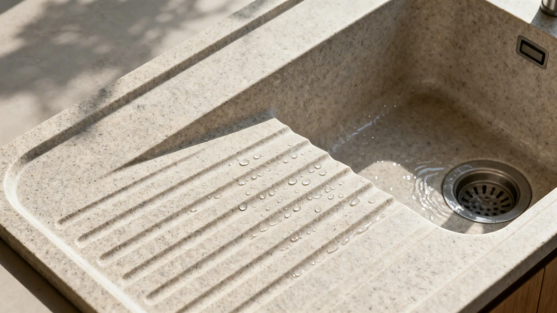 Top-down macro of a fluted stone drainboard sloped toward an integrated 1.5-bowl sink.