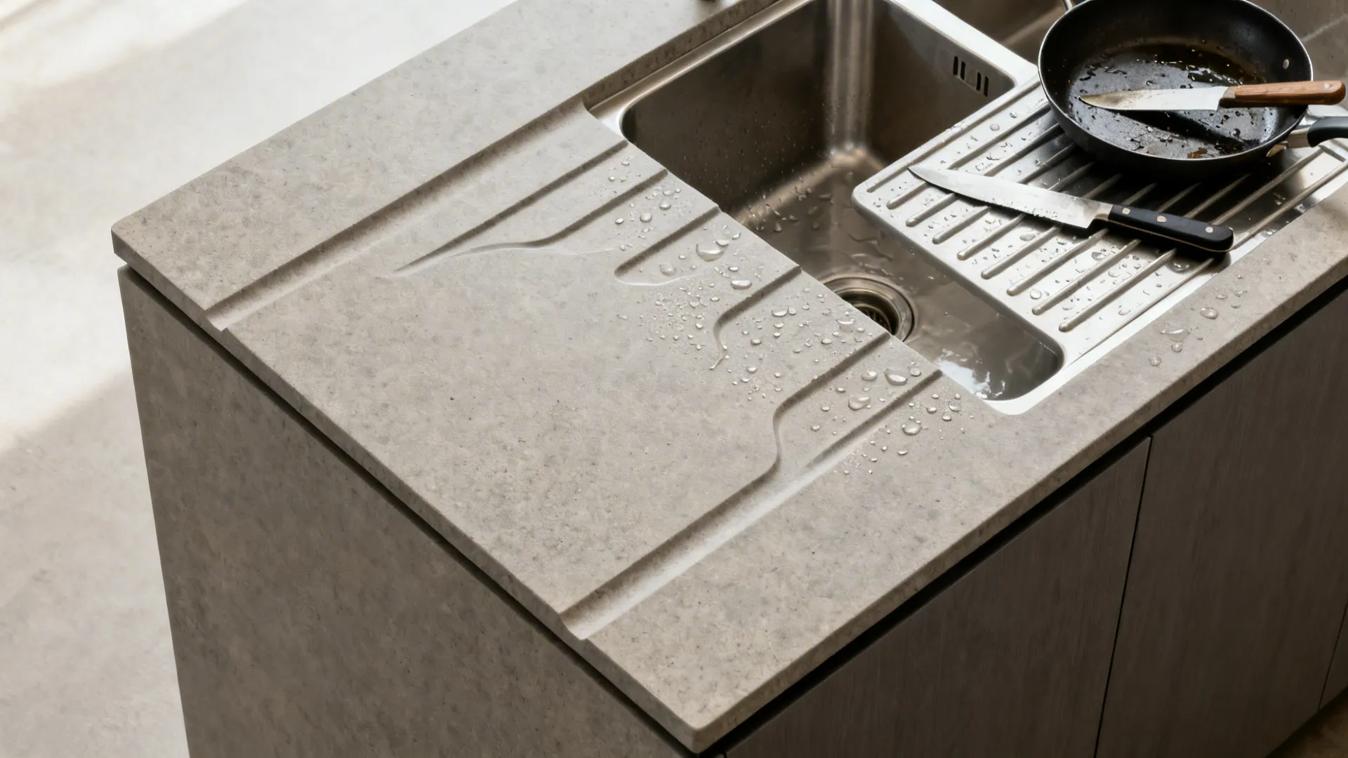Top-down view of countertop drainage grooves sloping toward an undermount sink with water beading.