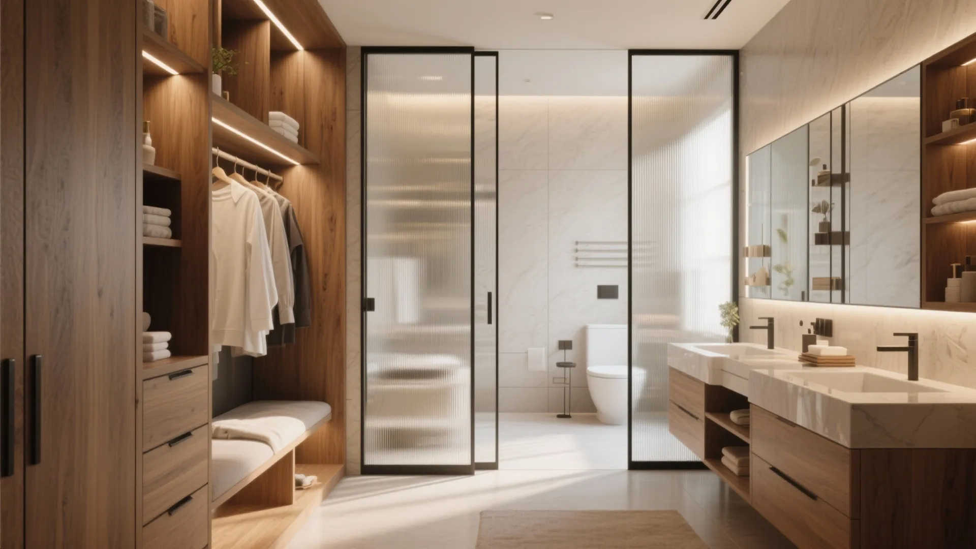 Combined dressing room and bathroom area featuring wooden cabinets glass sliding doors and marble sinks