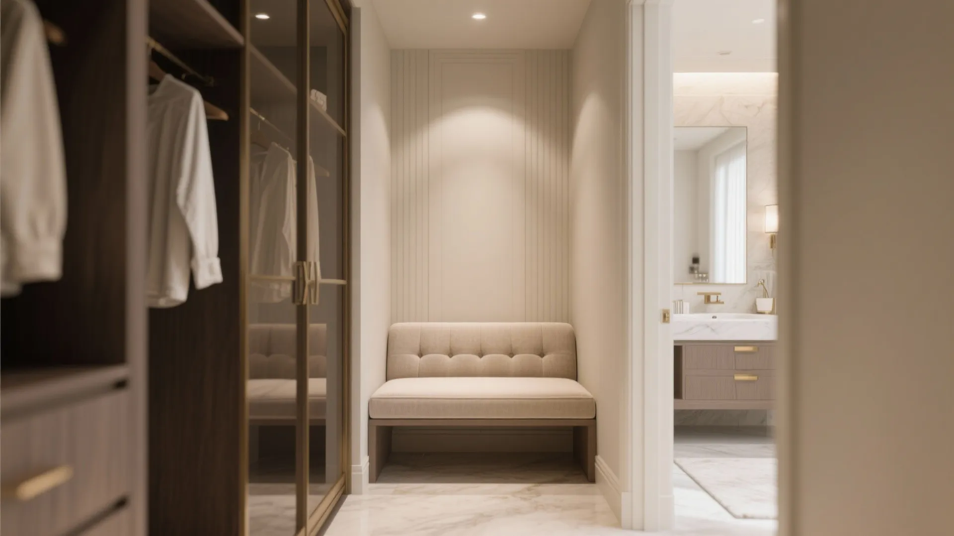Modern walk-in closet with glass door cabinet and a soft beige bench seat for dressing