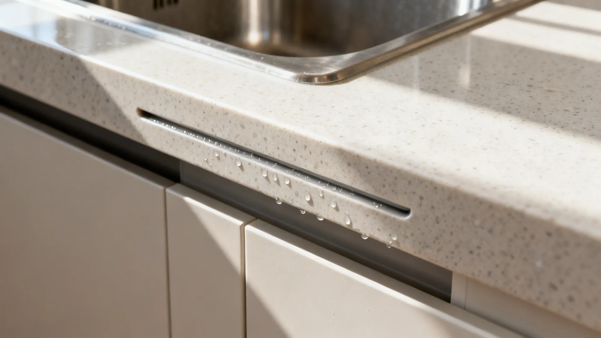 Macro underside view of a countertop showing a subtle drip groove near the front edge.
