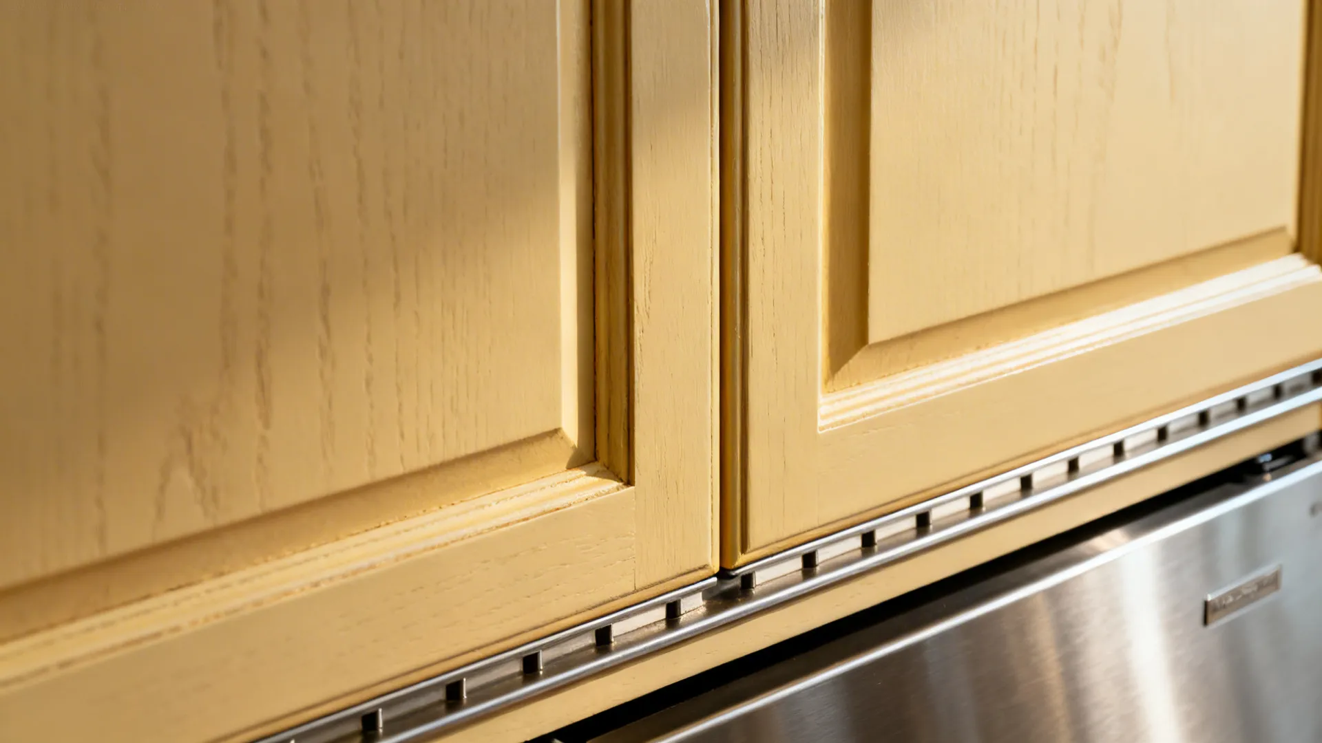 Macro of panel-ready dishwasher in shaker cabinet with precise reveal alignment.