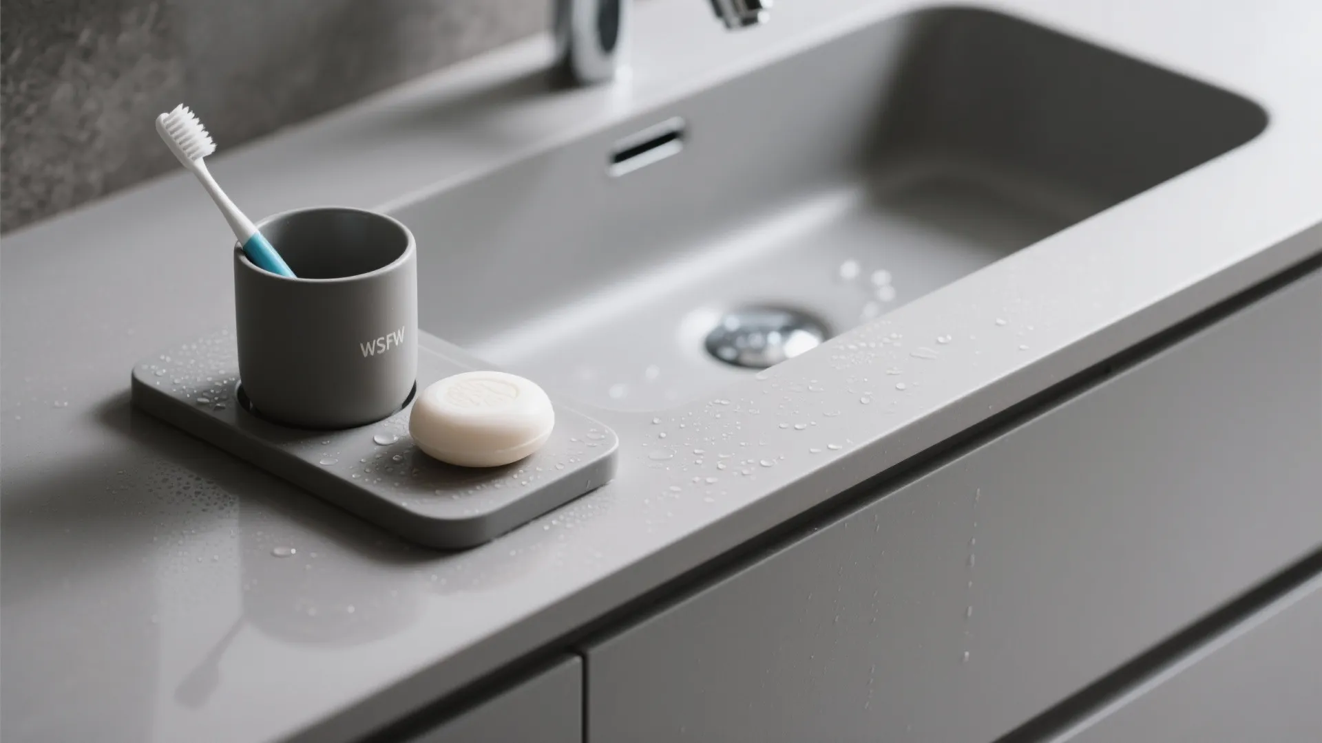 2) Integrated countertop basin with slim side ledges