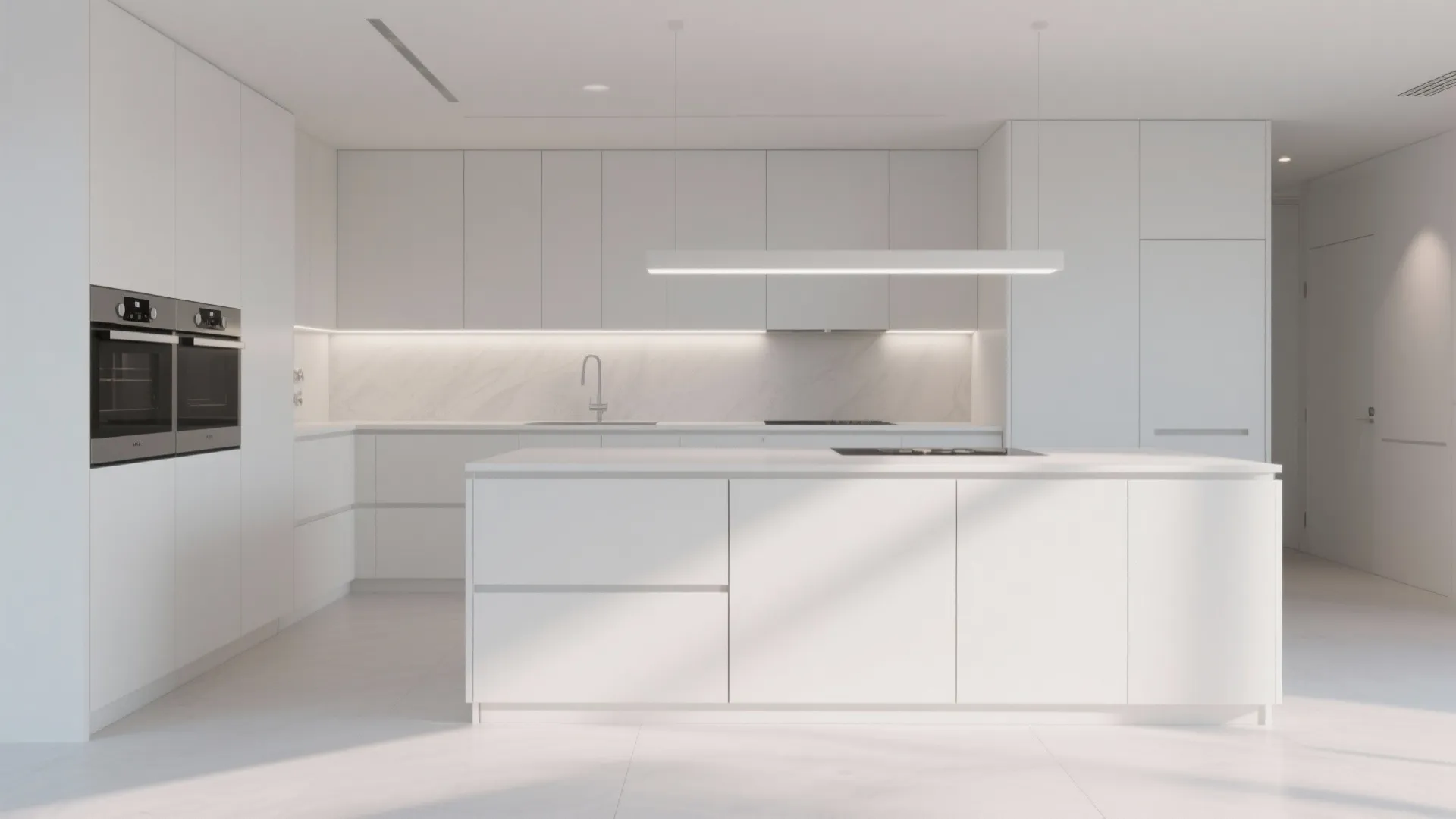 Modern white kitchen interior with large island and sleek cabinets plus integrated wall light design