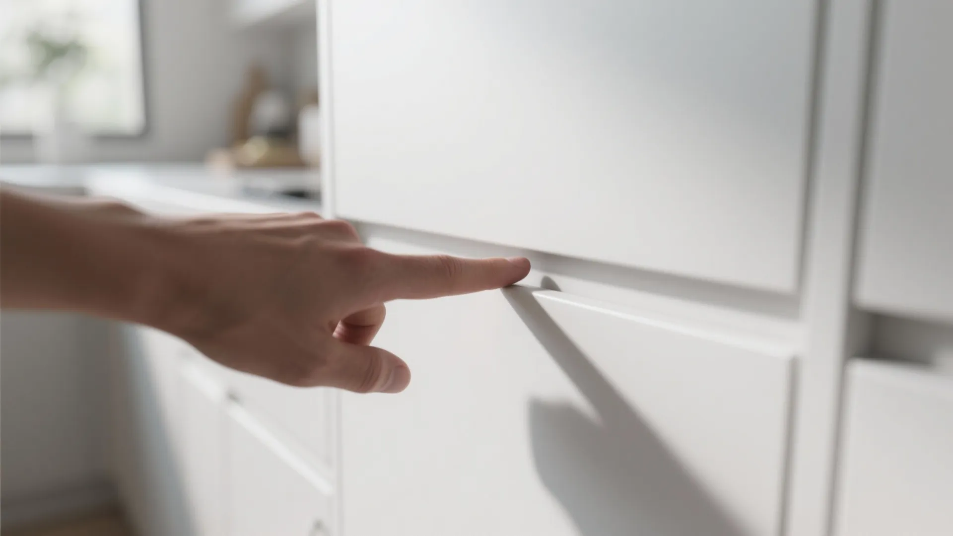 Hand touching a white kitchen cabinet with an integrated handle design for a clean modern look