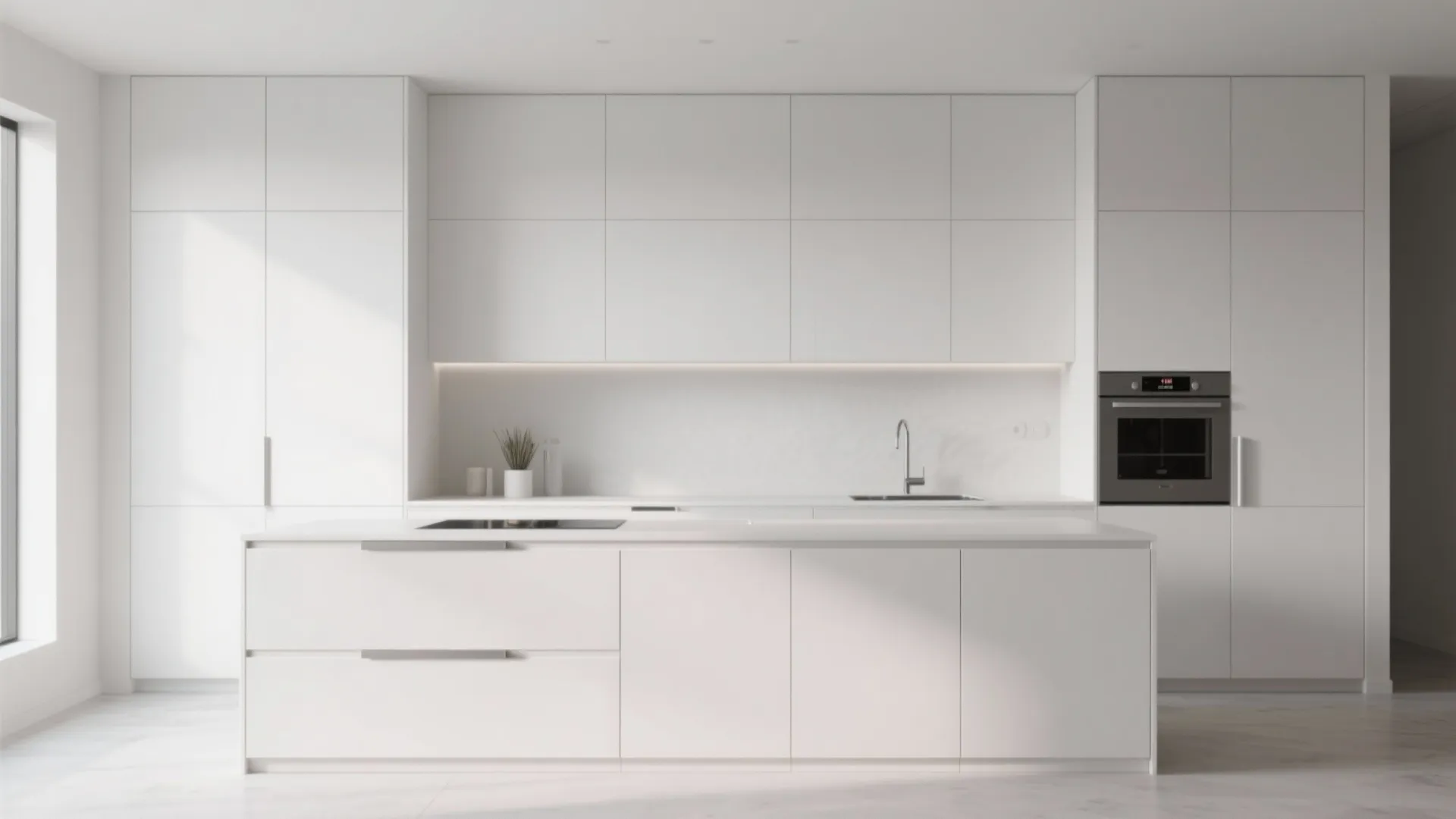 Minimalist white kitchen with handleless cabinets, large central island, built-in oven, and clean white walls