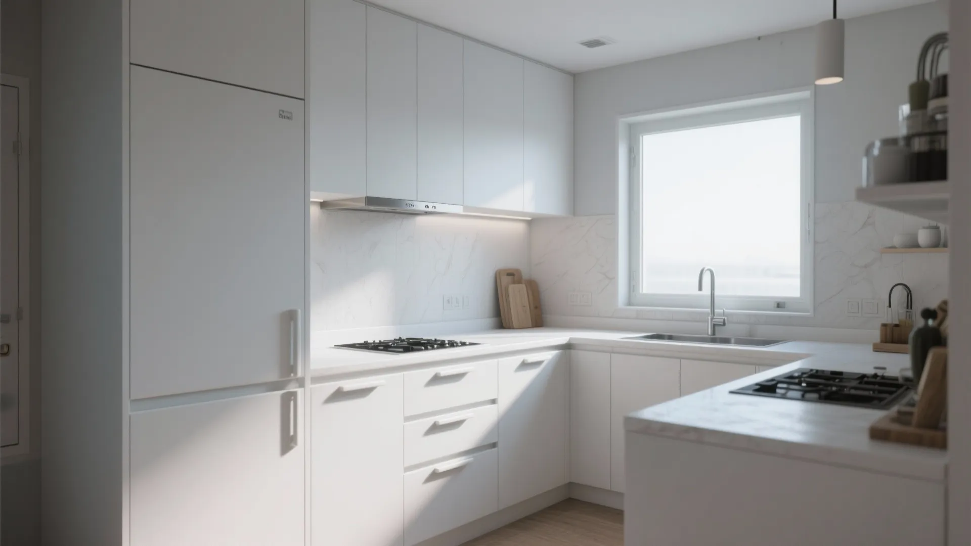 Micro-apartment kitchen with integrated white edge pulls creating a seamless cabinetry silhouette.