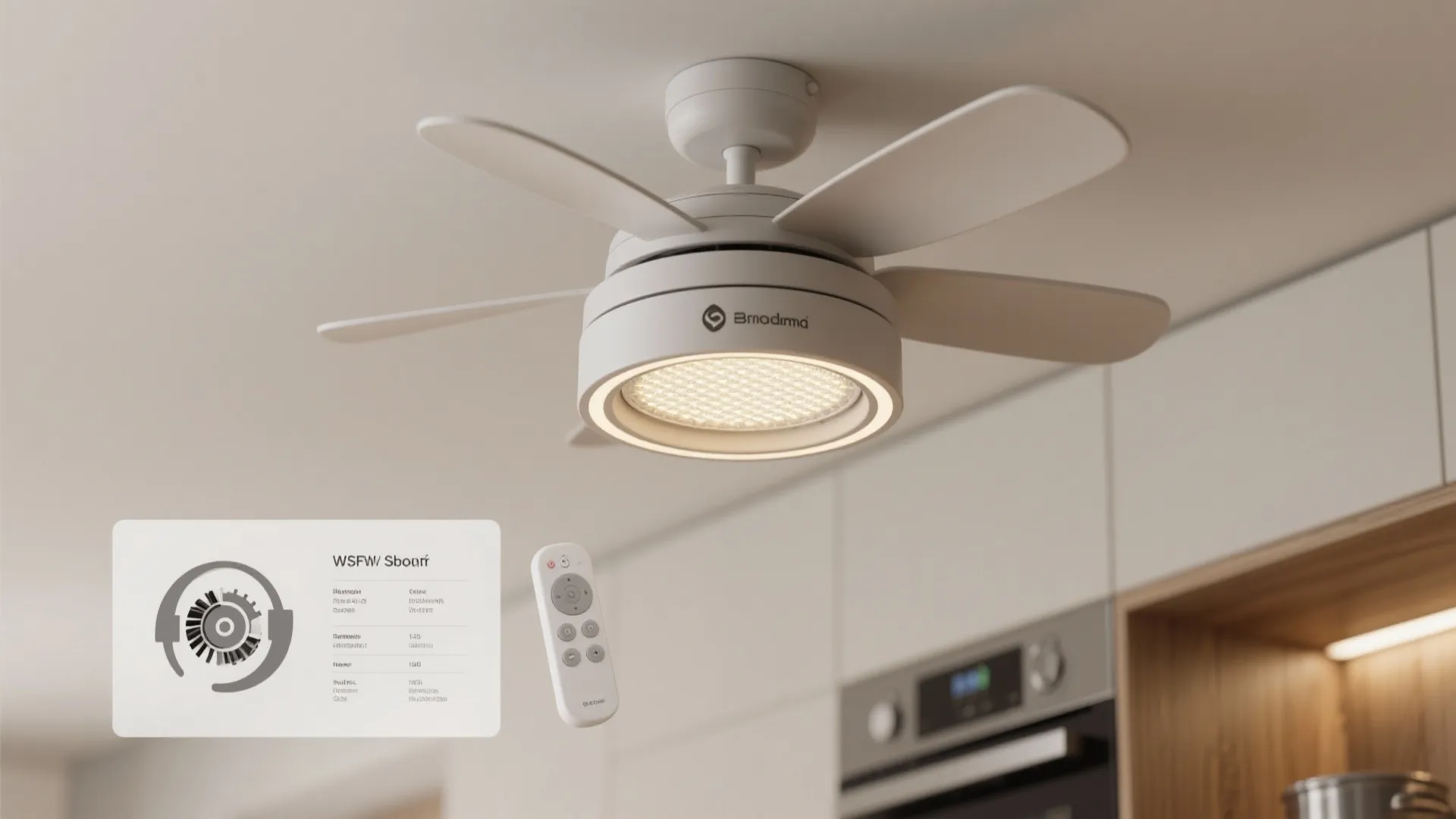 White ceiling light fan in a modern kitchen with remote control and product feature icons