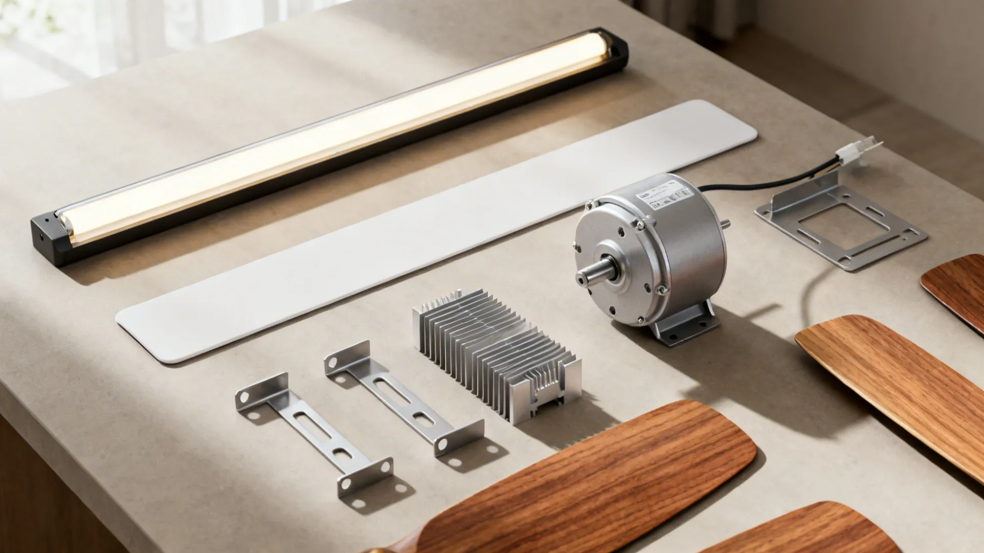 Flatlay of integrated LED diffuser, motor components and blade samples for a compact ceiling fan