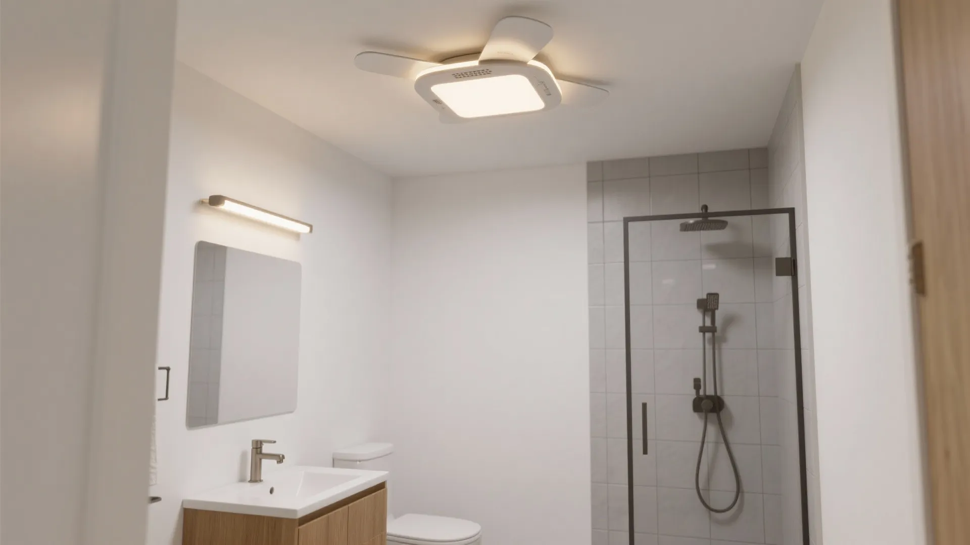 Modern bathroom interior featuring square ceiling light with fan blades near sink and shower area