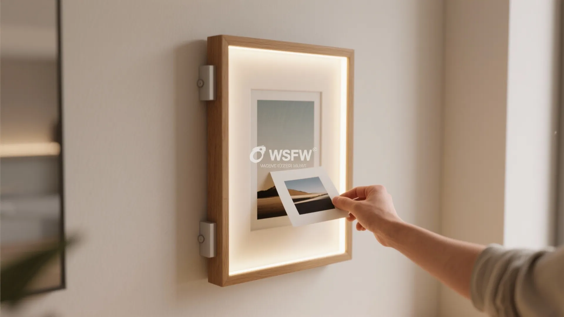 Floating picture frame with integrated LED backlight and magnetic mounting on a neutral wall, hand swapping the print.