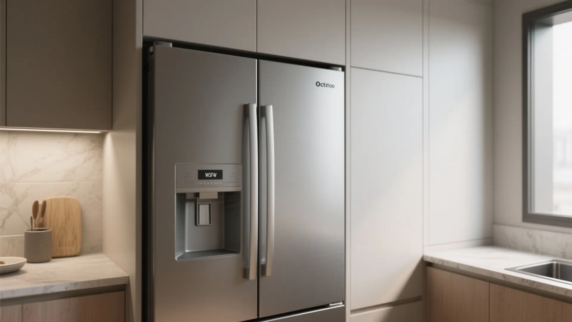 Stainless steel double door fridge built into minimalist grey kitchen cabinets near a bright window