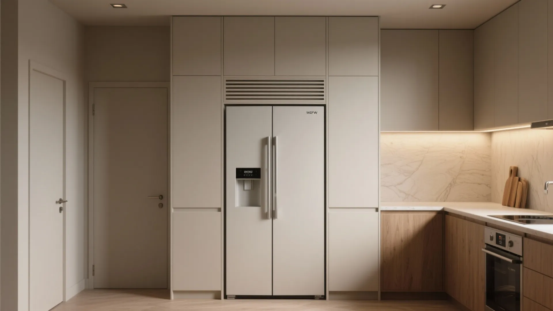4. Integrate the fridge into cabinetry for a seamless look