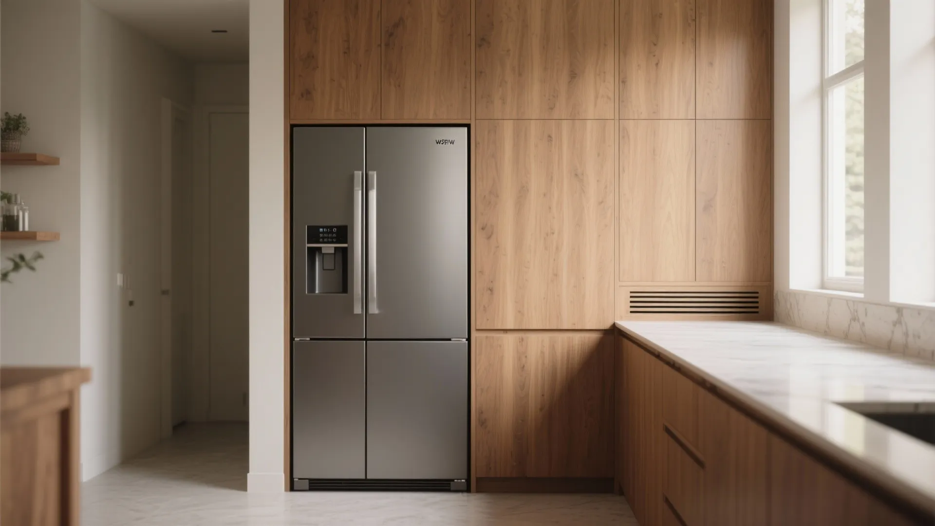 Modern silver fridge built into wooden kitchen cabinets next to a bright window with light
