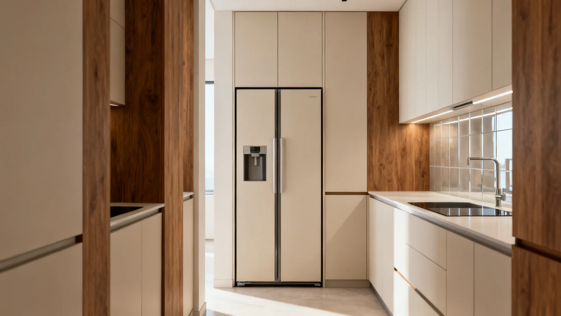 Integrated panel-ready tall fridge flush with matte tall cabinets in a narrow galley kitchen.