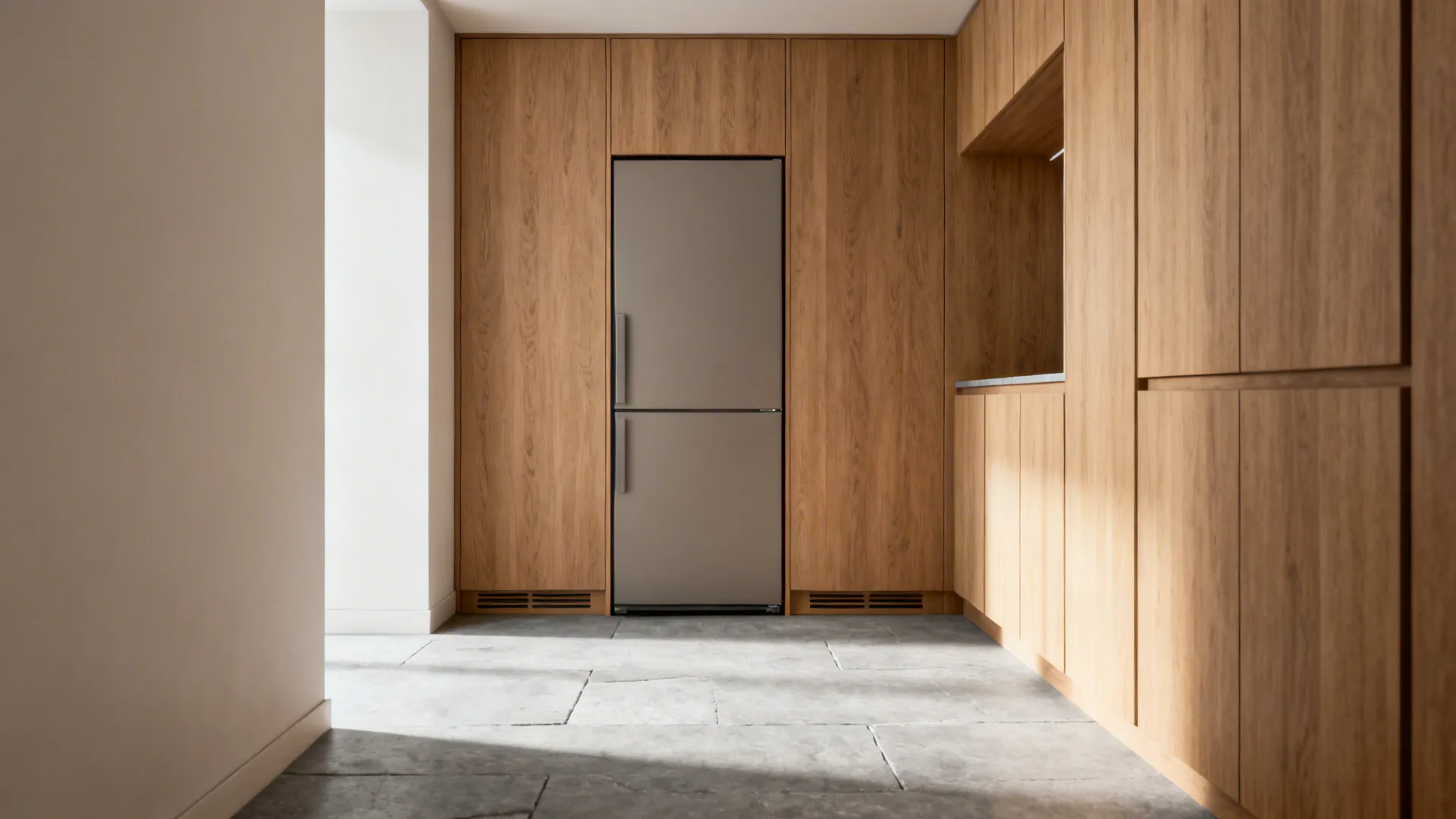 Panel-ready counter-depth fridge flush with matte oak cabinets creating a seamless minimalist plane.