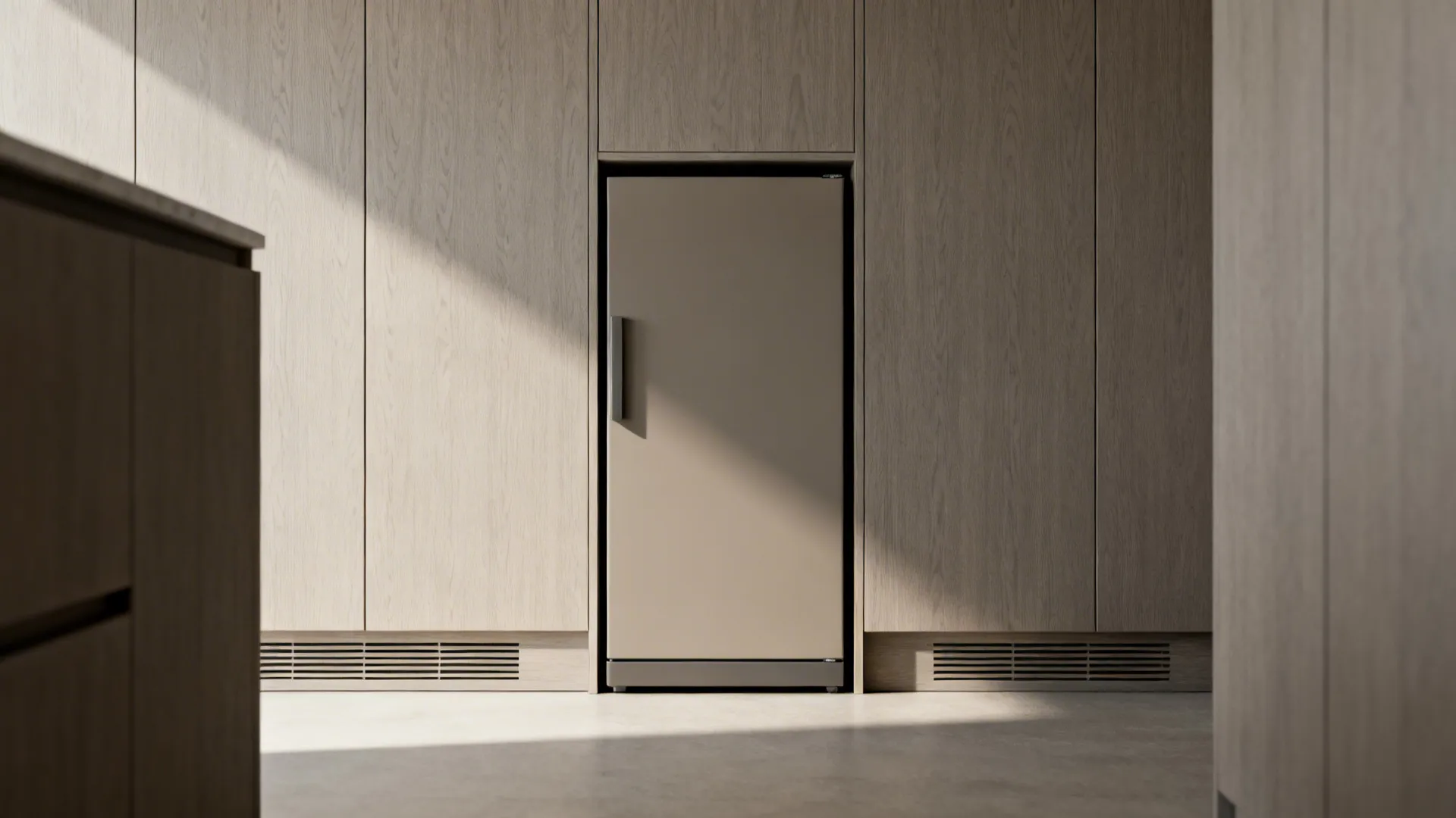 Integrated fridge built into light wood cabinets with clean lines and smooth floor in sunlight