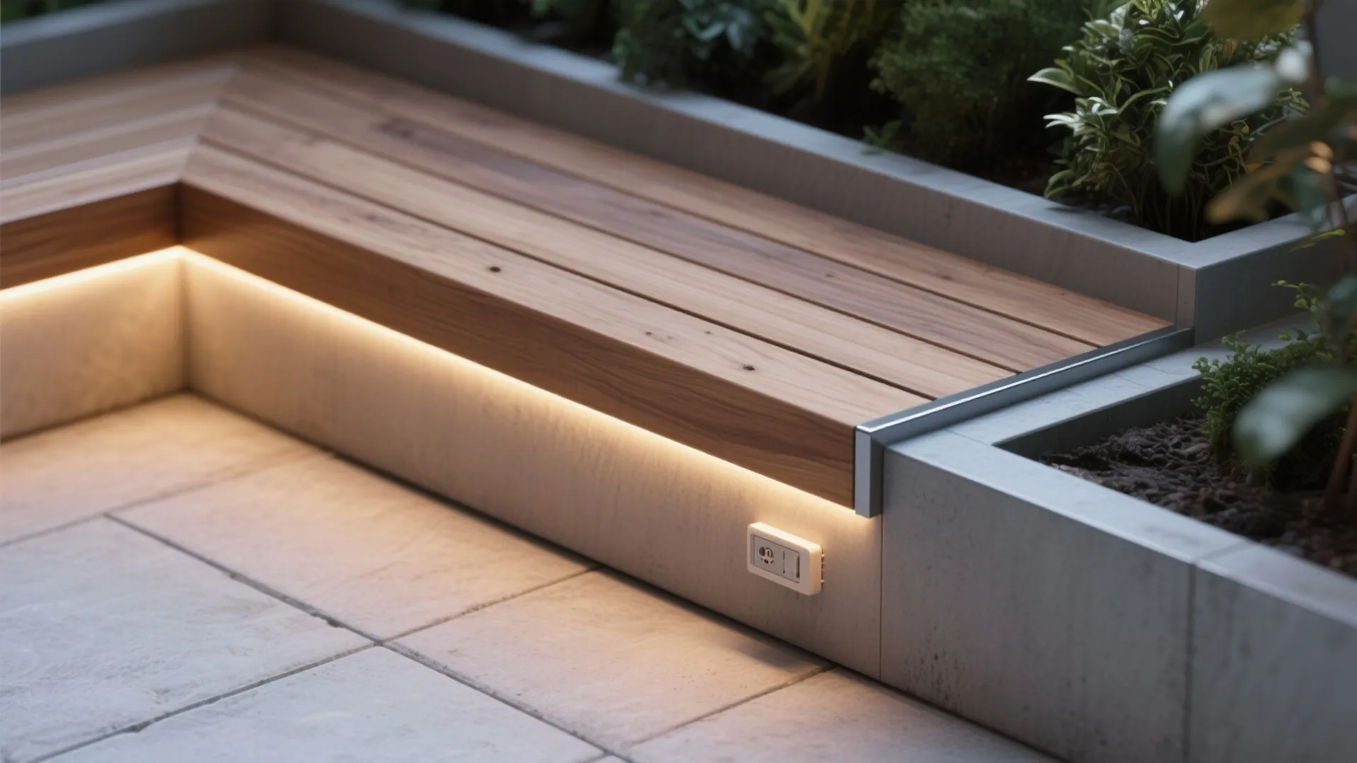Modern outdoor wooden bench featuring built-in warm light strips and an integrated power outlet socket