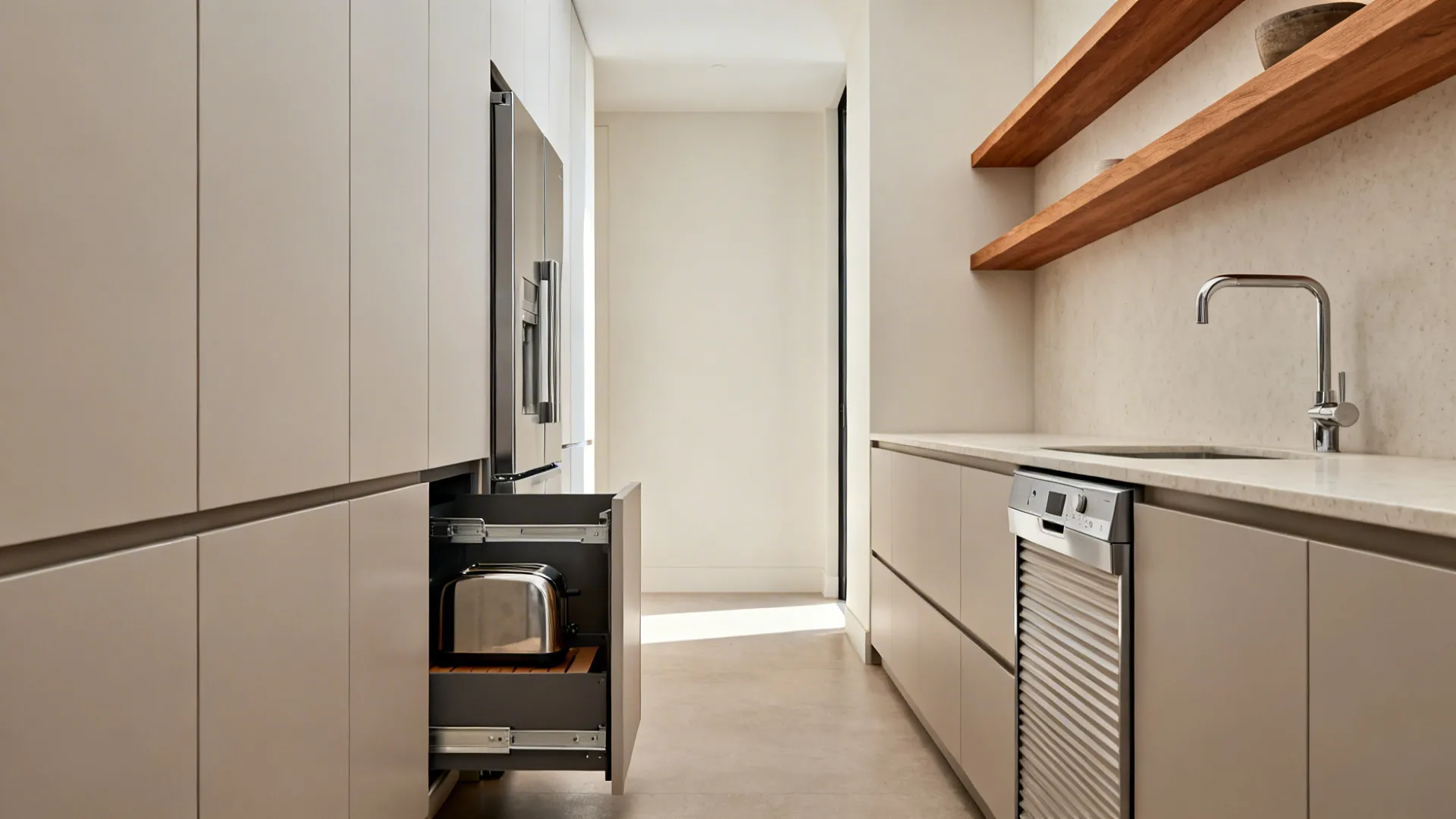 Parallel kitchen with panel-ready appliances, pull-out pantry, and a tambour appliance garage.