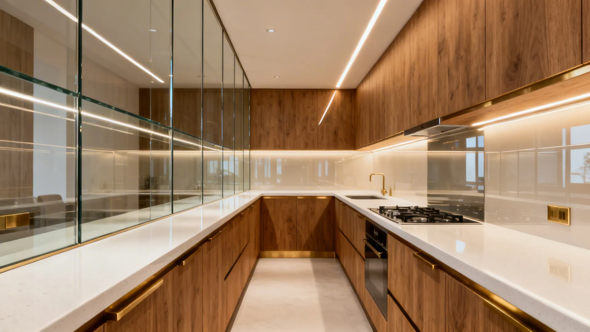 Galley kitchen with a clear glass partition aligned to a glossy glass backsplash and continuous LED line.