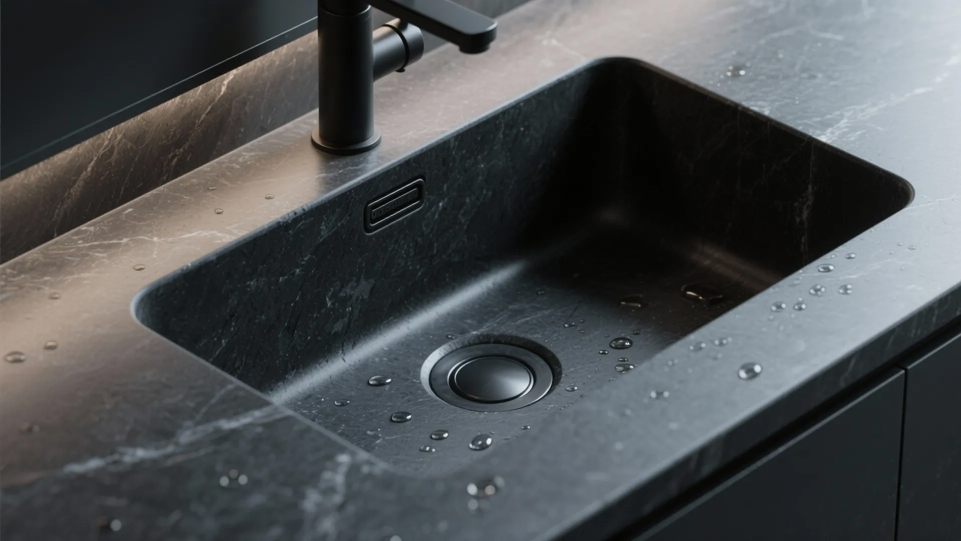 Modern black stone bathroom sink with water drops and a sleek black metal water tap