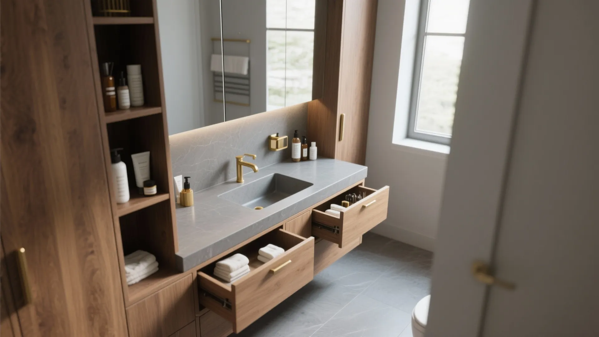 2: Integrated gray vanity for storage and style