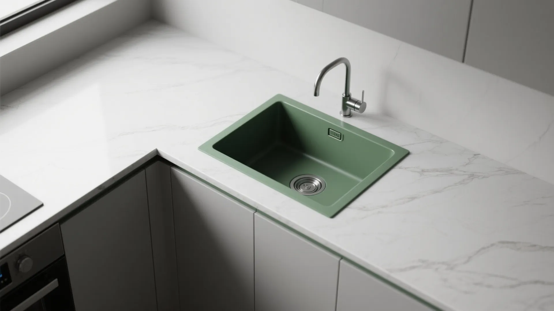 High angle view of a light green kitchen sink set into a white marble countertop