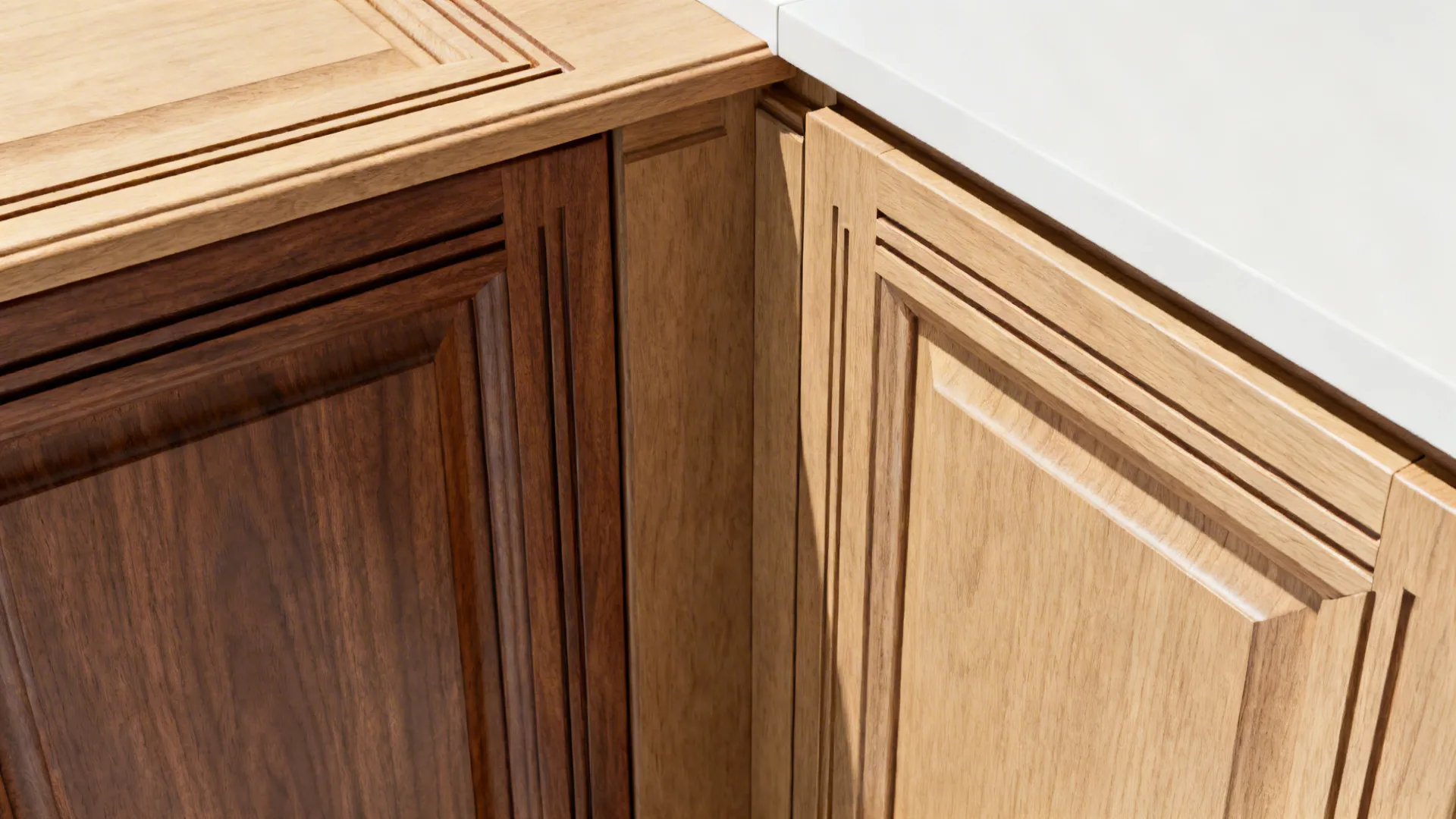 Top-down view of flat-front cabinets with integrated routered wooden finger grooves.