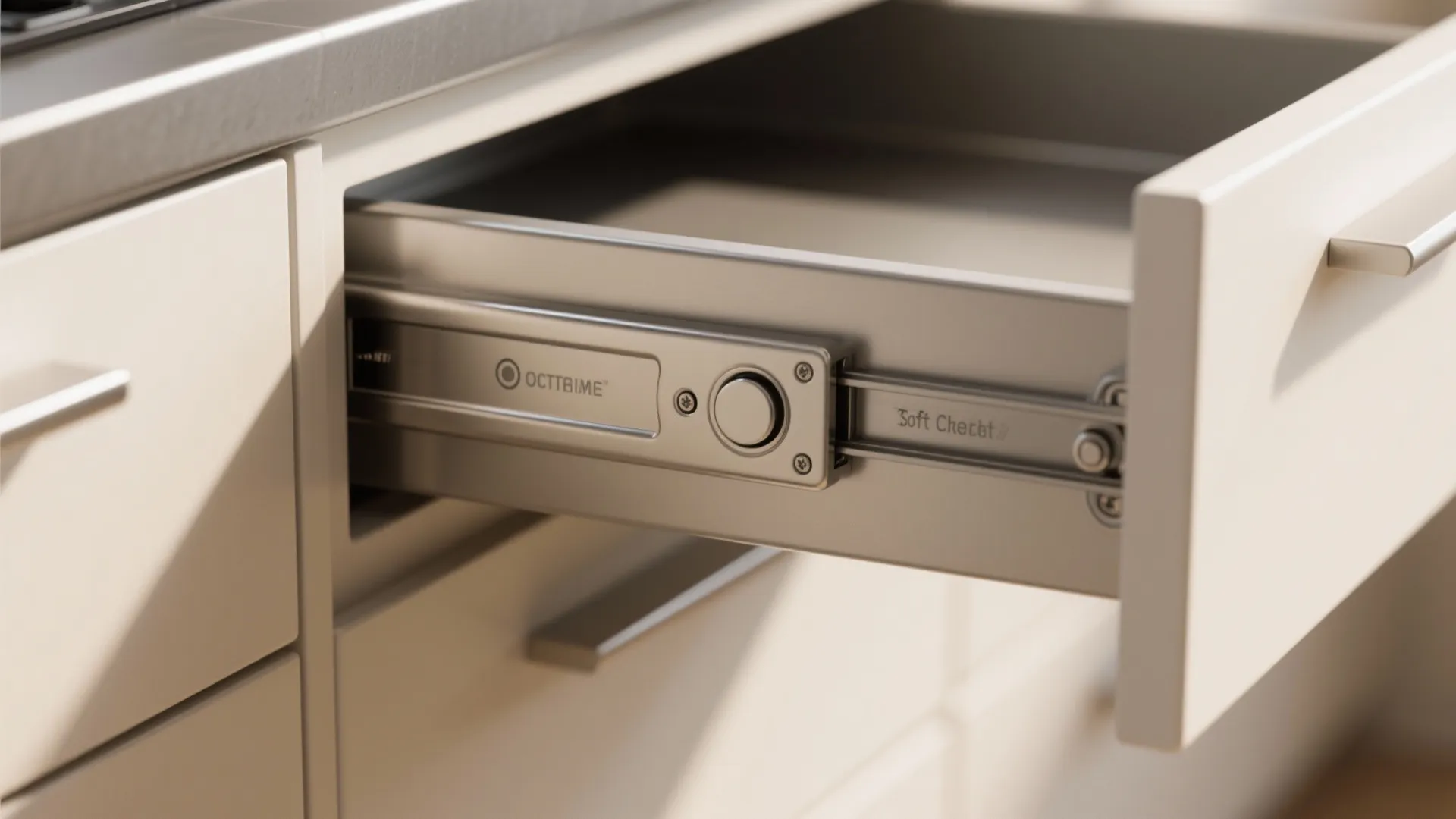 Modern kitchen cabinet drawer showing a metal soft close slide mechanism with smooth opening action