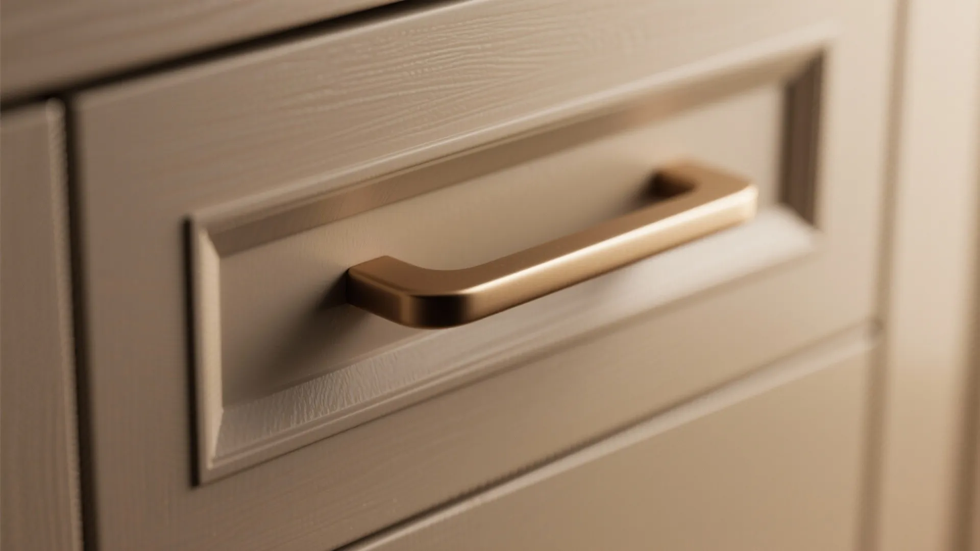 Close up of a beige cabinet drawer with a modern horizontal gold handle and texture